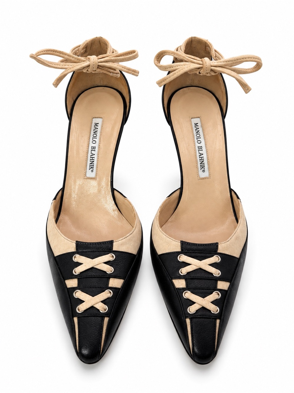 Manolo Blahnik Black Beige Leather Lace-Up Ankle Tie Pointed Toe Heels Size 39